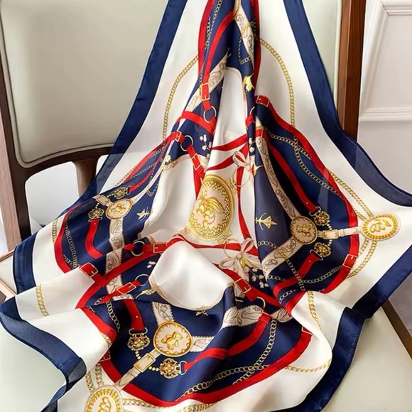 Classic Silk Satin Scarf Shawl Navy Blue Red Gold - Picture 1 of 3